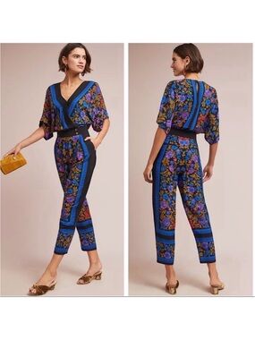 Anthropologie Scarf Print Floral V-Neck Jumpsuit ett:wa